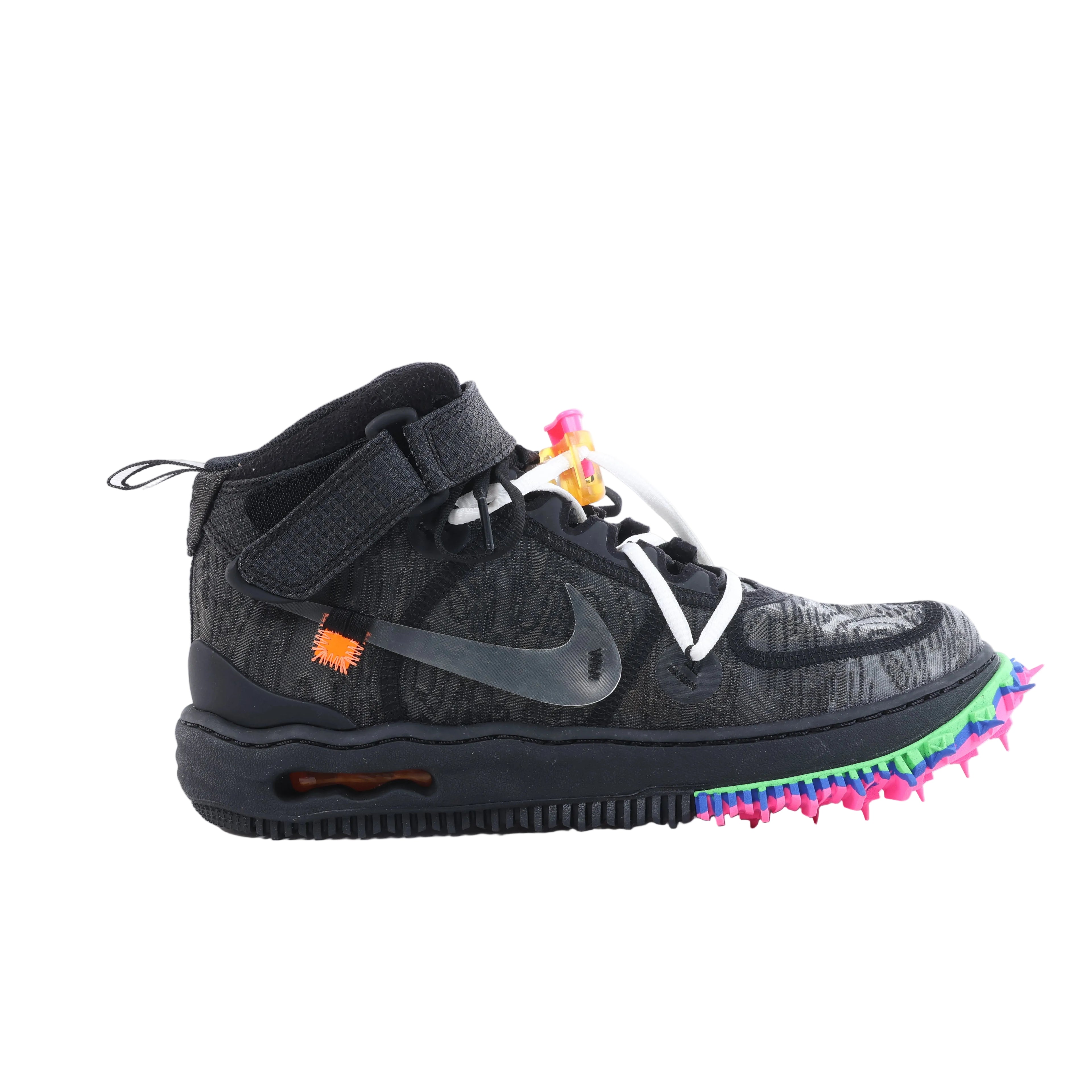 Nike x Off-White Air Force 1 Mid black high-top sneaker with layered mesh, black Swoosh, white laces, ankle strap and multicolor spiked outsole.
