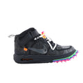 Nike x Off-White Air Force 1 Mid black high-top sneaker with layered mesh, black Swoosh, white laces, ankle strap and multicolor spiked outsole.