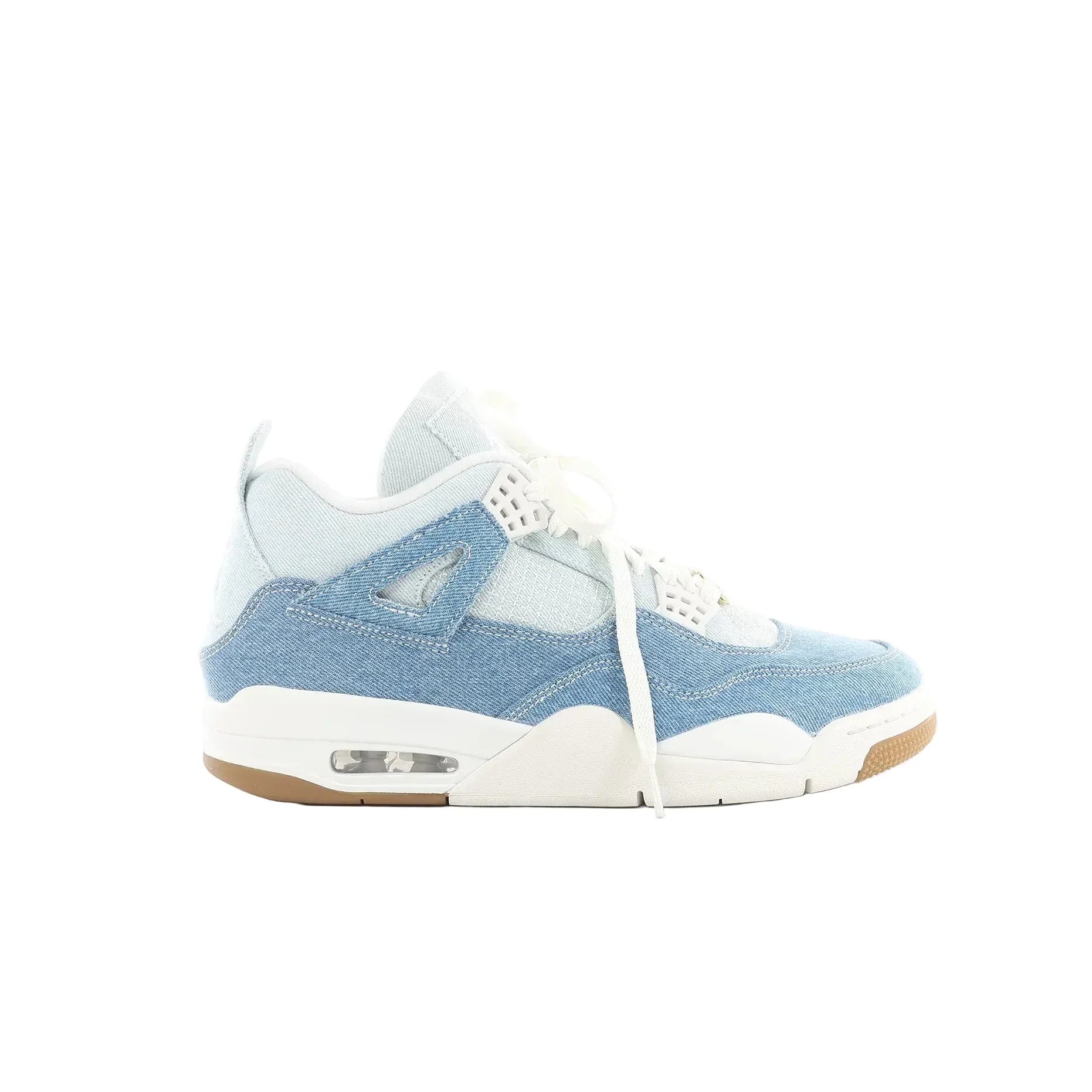 Nike Air Jordan 4 Retro SP sneaker in light blue and white fabric with lace-up front, plastic wing eyelets, and visible Air unit in the midsole on white background
