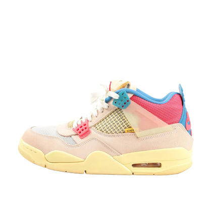 Nike Air Jordan 4 Retro SP sneakers in multicolor featuring beige suede upper, mesh panels, blue and pink accents, yellow midsole, and visible Air unit. Size 43 EU, model DC9533-800.