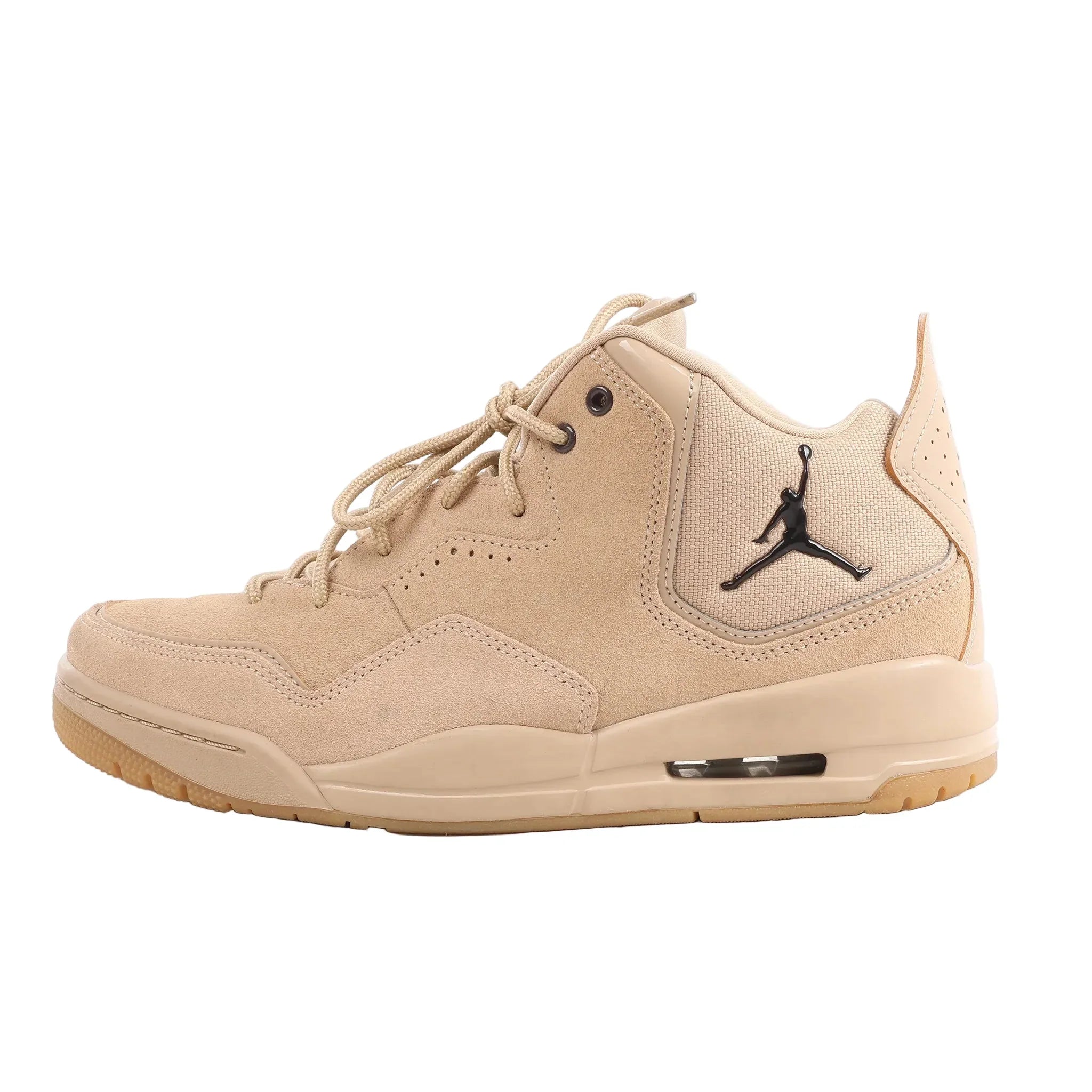 Side view of a beige Nike Jordan Courtside sneaker in size 42.5 EU, made from suede and mesh fabric, featuring lace-up design, cushioned sole with visible air unit, and black Jumpman logo on the heel panel, set against a white background.