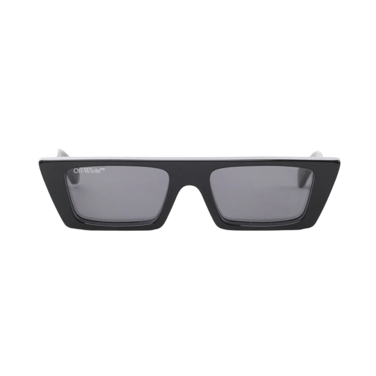 Front view of Off-White Manchester Sunglasses OERI002 in glossy black acetate with sharp rectangular frame, dark tinted lenses, and small Off-White logo on the upper corner, displayed against a white background.