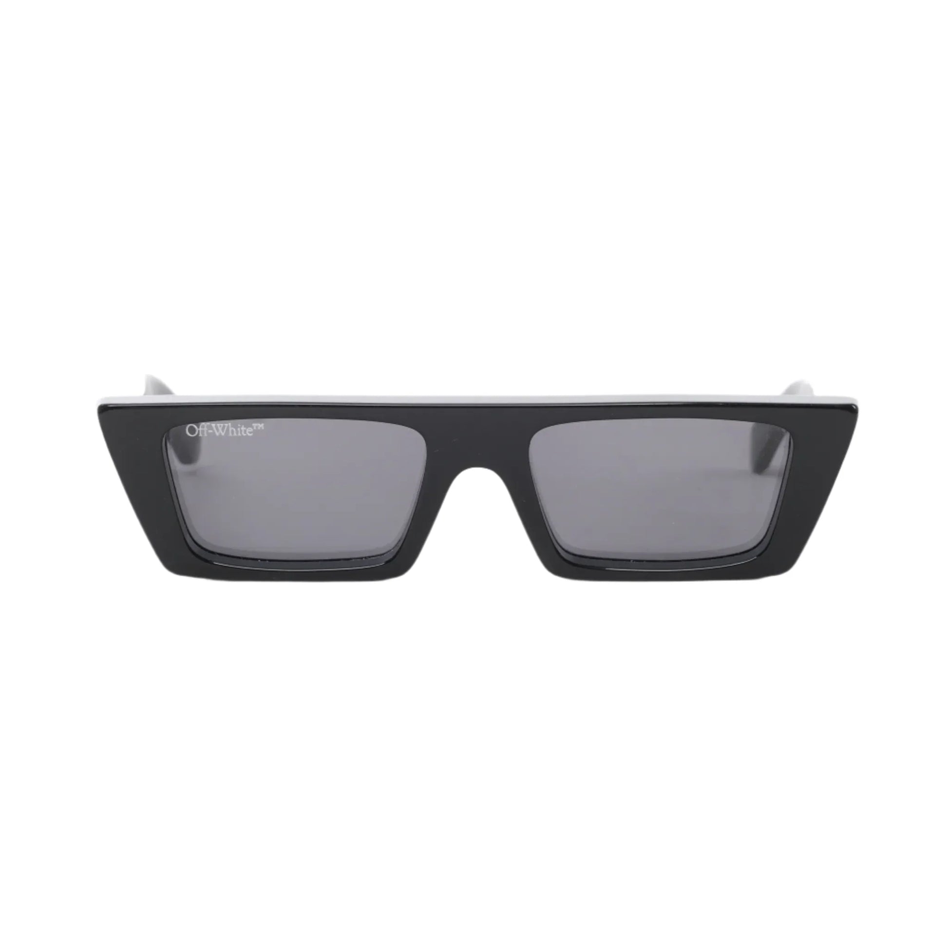 Front view of Off-White Manchester Sunglasses OERI002 in glossy black acetate with sharp rectangular frame, dark tinted lenses, and small Off-White logo on the upper corner, displayed against a white background.
