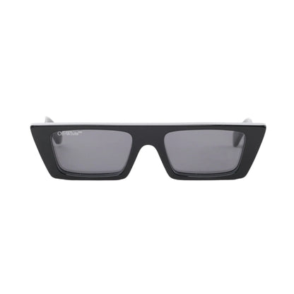 Front view of Off-White Manchester Sunglasses OERI002 in glossy black acetate with sharp rectangular frame, dark tinted lenses, and small Off-White logo on the upper corner, displayed against a white background.