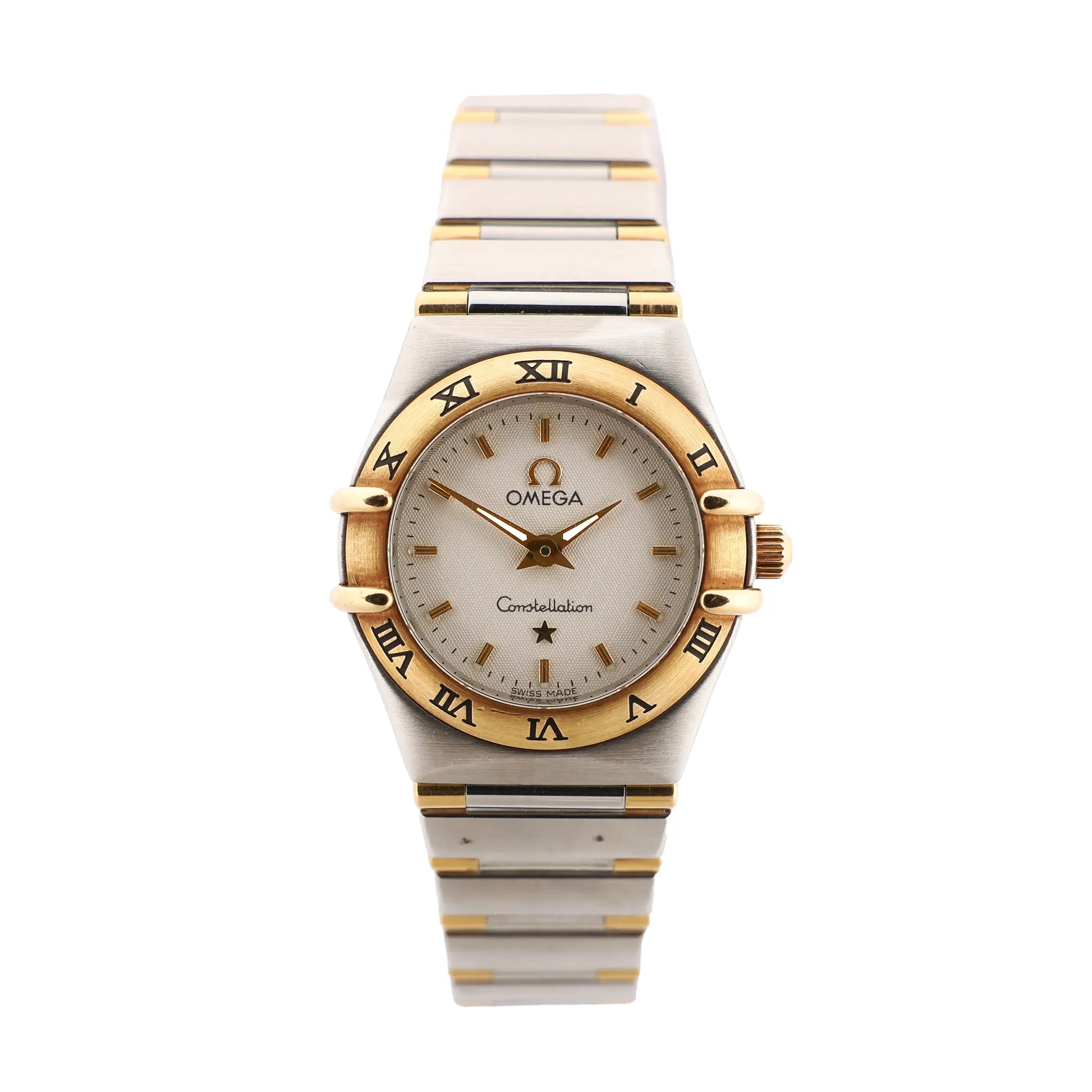 Omega Constellation 1362.30 58366585 quartz watch with a beige dial, gold Roman numeral bezel, and stainless steel bracelet with gold-tone accents.