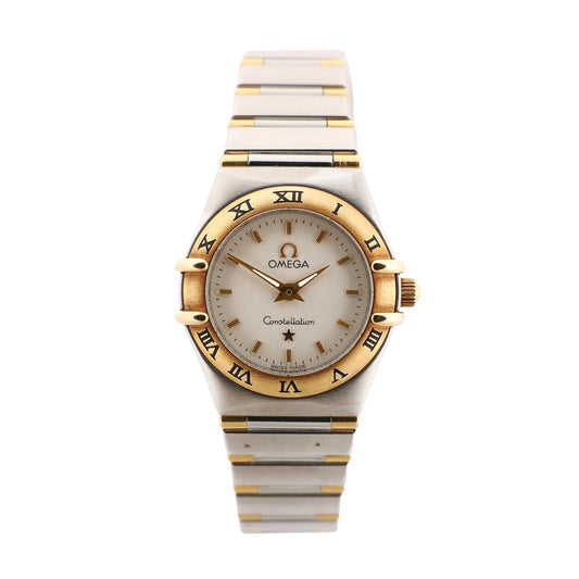 Omega Constellation 1362.30 58366585 quartz watch with a beige dial, gold Roman numeral bezel, and stainless steel bracelet with gold-tone accents.