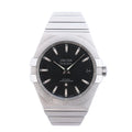 Omega Constellation stainless steel watch with gray dial, date window, Roman-numeral bezel and integrated metal bracelet.