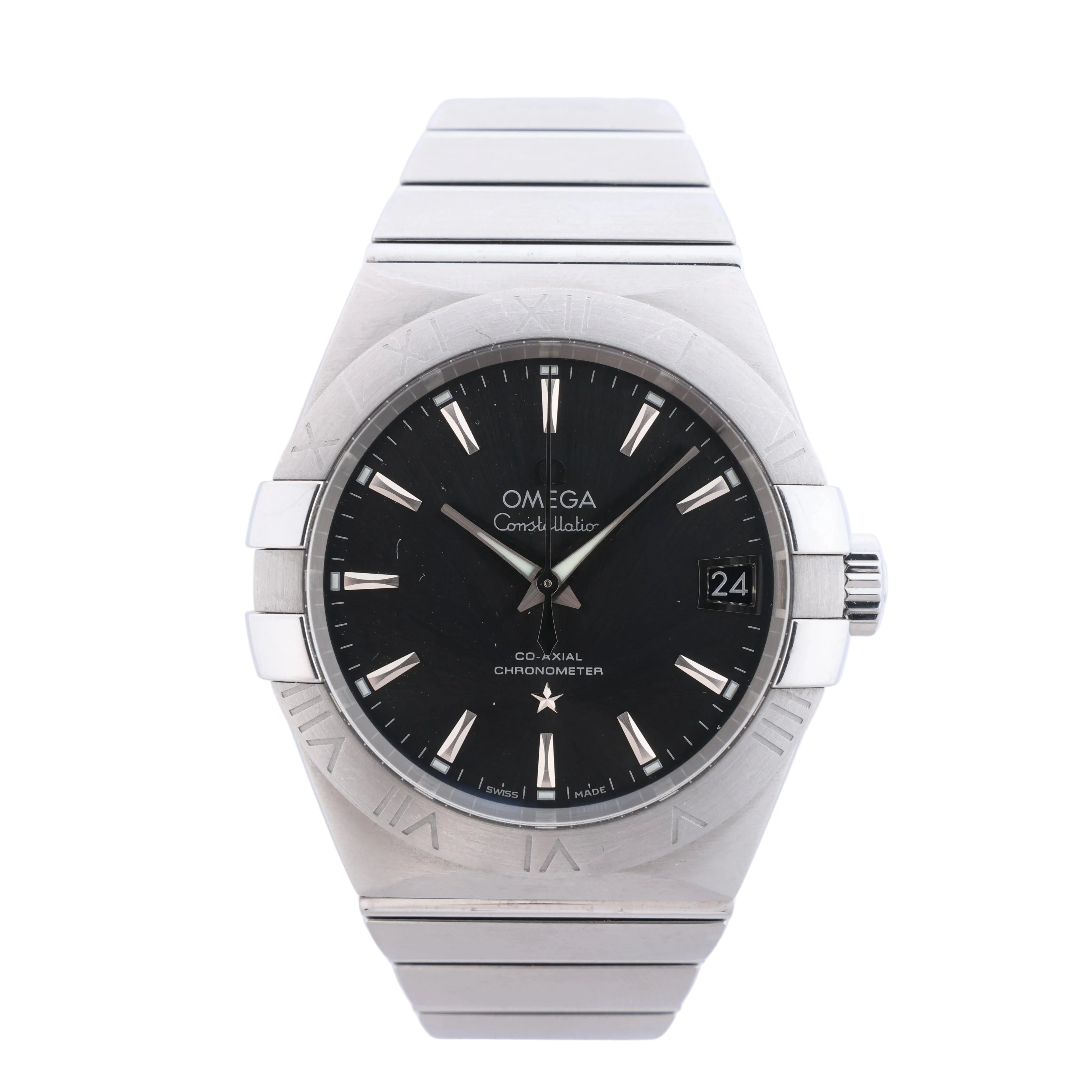 Omega Constellation stainless steel watch with gray dial, date window, Roman-numeral bezel and integrated metal bracelet.
