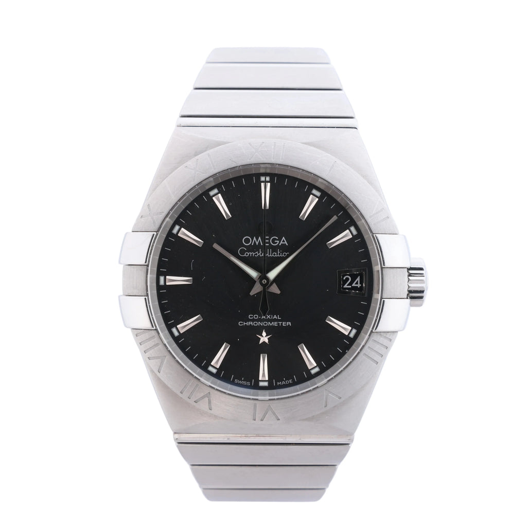 Omega Constellation stainless steel watch with gray dial, date window, Roman-numeral bezel and integrated metal bracelet.