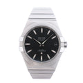 Omega Constellation stainless steel watch with gray dial, date window, Roman-numeral bezel and integrated metal bracelet.