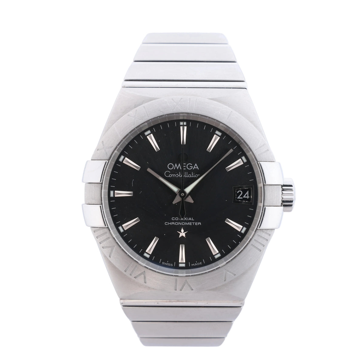 Omega Constellation stainless steel watch with gray dial, date window, Roman-numeral bezel and integrated metal bracelet.