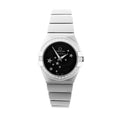 Omega Constellation stainless steel bracelet watch with a black dial featuring silver star markers, diamond-set bezel, and silver hands, shown on a white background.