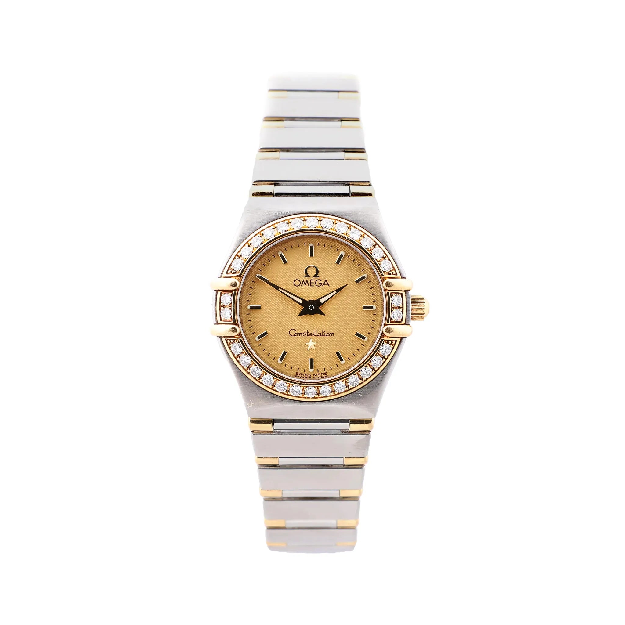 Omega Constellation watch with champagne dial, diamond-accent bezel, two-tone stainless steel and yellow gold bracelet, and gold-tone hands.