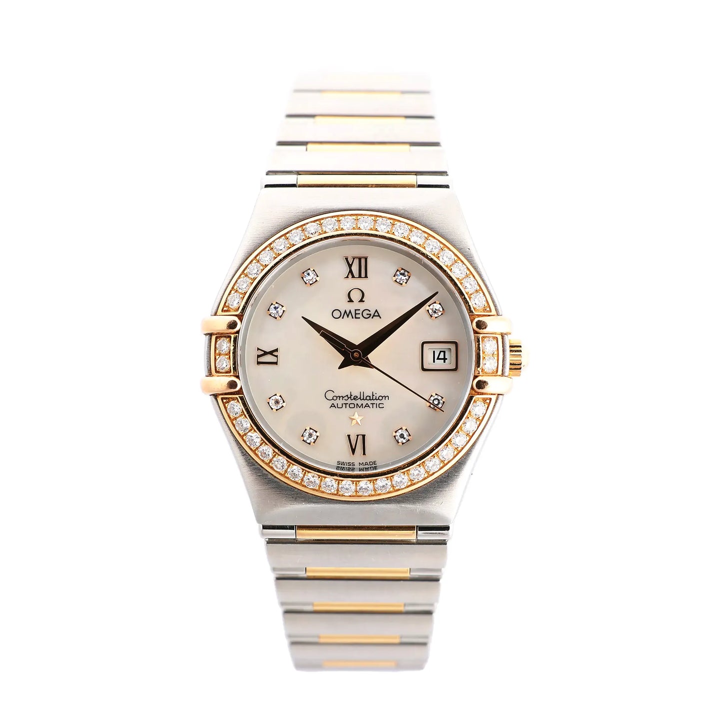 Omega Constellation 1397.76 automatic watch with a mother-of-pearl dial, diamond hour markers, and a diamond bezel, set in stainless steel and yellow gold.