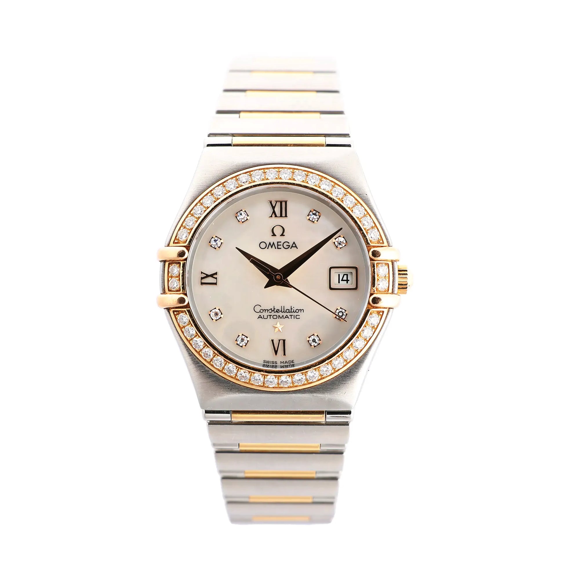 Omega Constellation 1397.76 automatic watch with a mother-of-pearl dial, diamond hour markers, and a diamond bezel, set in stainless steel and yellow gold.