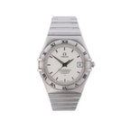 Omega Constellation stainless steel watch with silver dial, Roman numeral bezel, date window and integrated metal bracelet.
