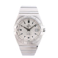 Omega Constellation 1503.30.00 watch with silver dial, Roman numeral bezel, date window and stainless steel bracelet, front view.