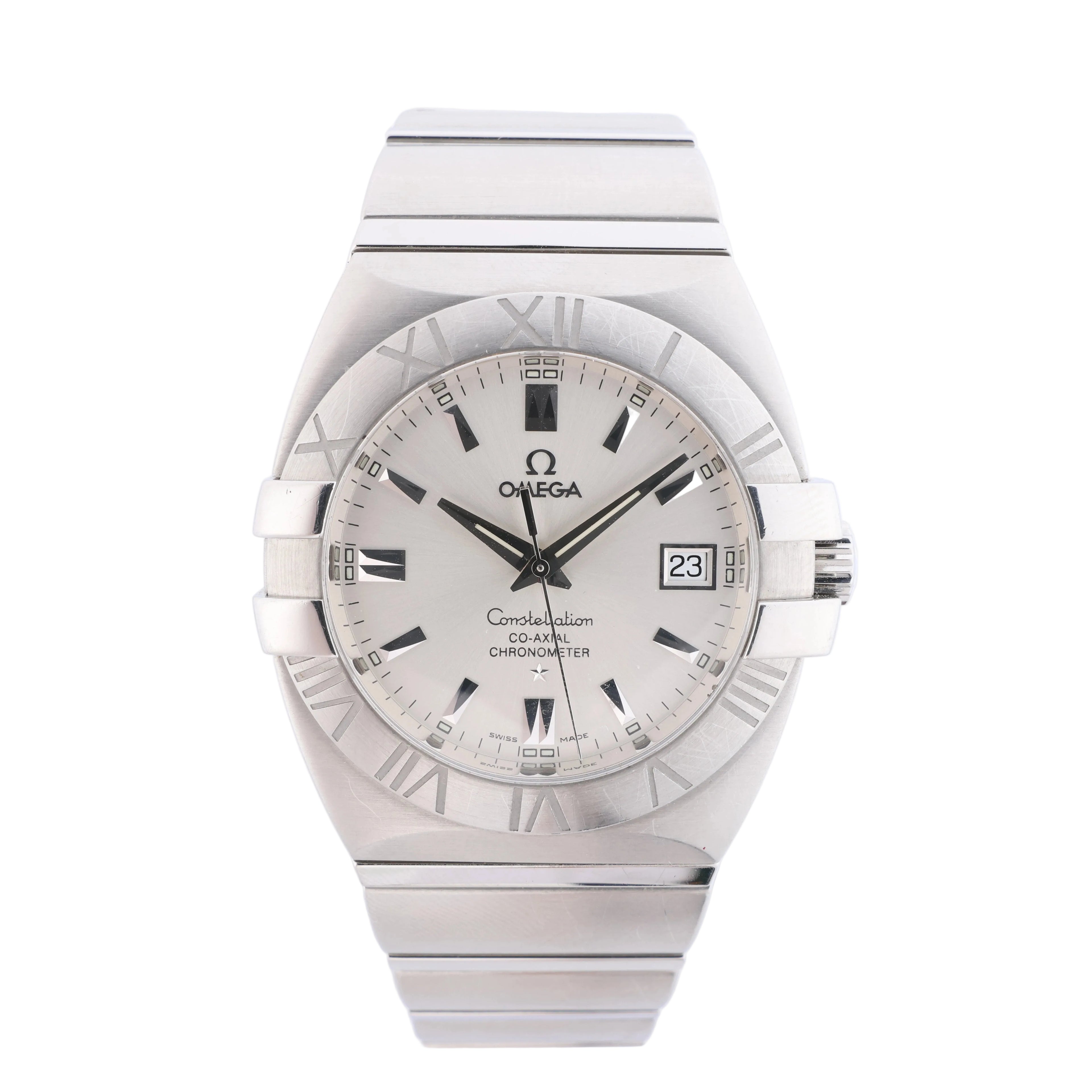 Omega Constellation 1503.30.00 watch with silver dial, Roman numeral bezel, date window and stainless steel bracelet, front view.