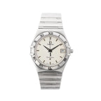 Omega Constellation stainless steel watch with silver-toned dial, Roman numeral bezel, date window at 3 o’clock, baton hour markers, and stainless steel bracelet.