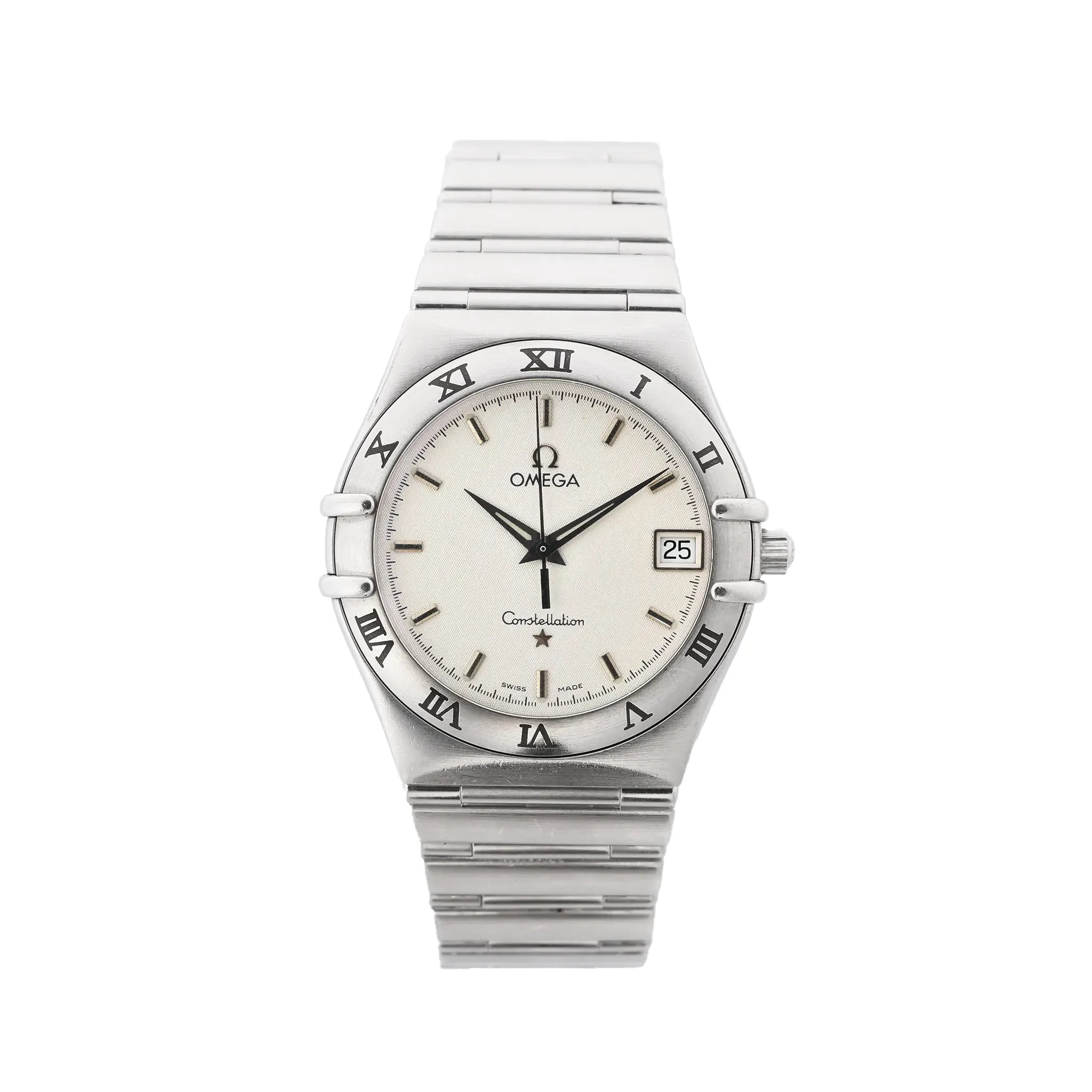 Omega Constellation stainless steel watch with silver-toned dial, Roman numeral bezel, date window at 3 o’clock, baton hour markers, and stainless steel bracelet.