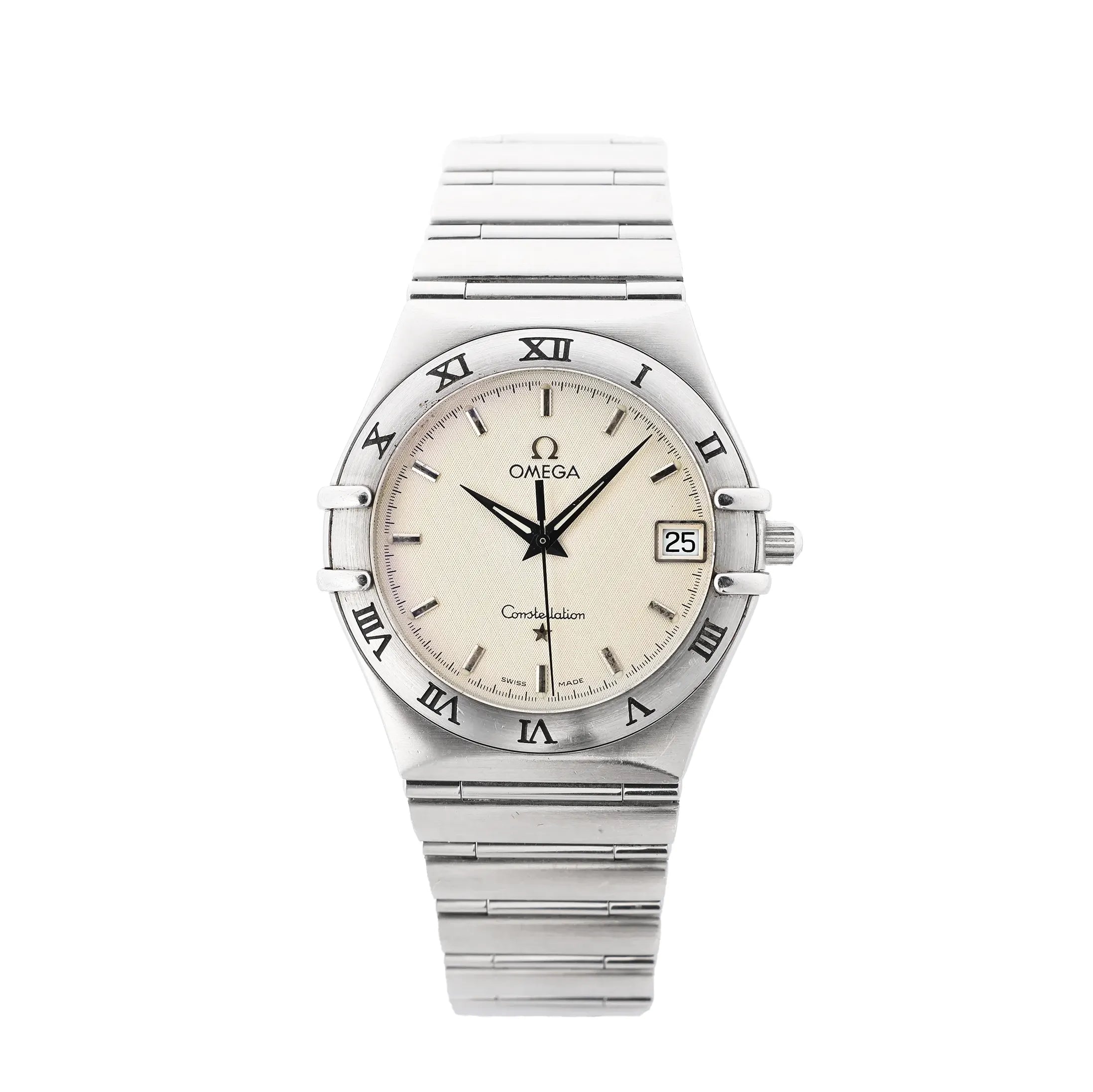 Omega Constellation stainless steel watch with champagne-beige dial, Roman numeral bezel, date window at 3 o’clock, baton hour markers, and stainless steel bracelet.