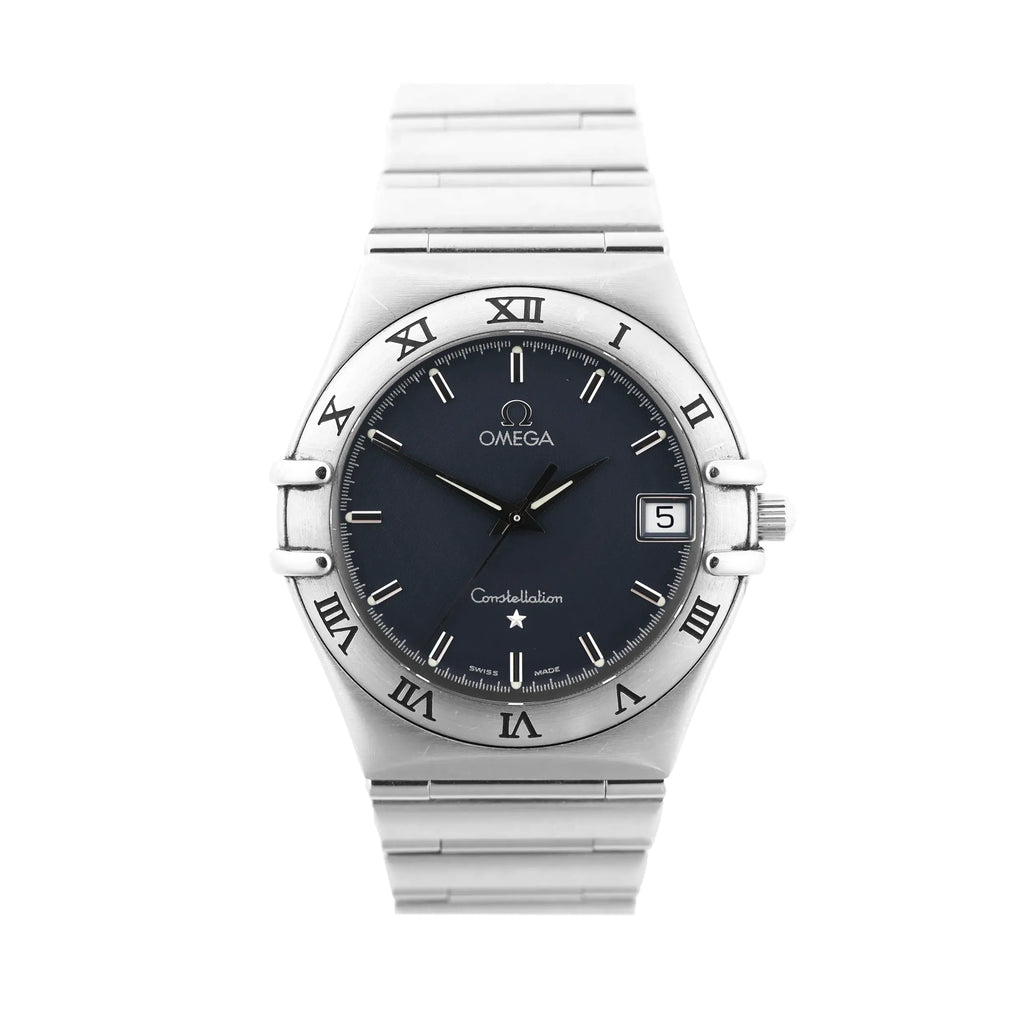 Omega Constellation 1512.40 watch featuring a gray dial with silver hour markers, Roman numeral bezel, date window at 3 o'clock, and stainless steel bracelet.
