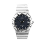 Omega Constellation 1512.40 watch featuring a gray dial with silver hour markers, Roman numeral bezel, date window at 3 o'clock, and stainless steel bracelet.