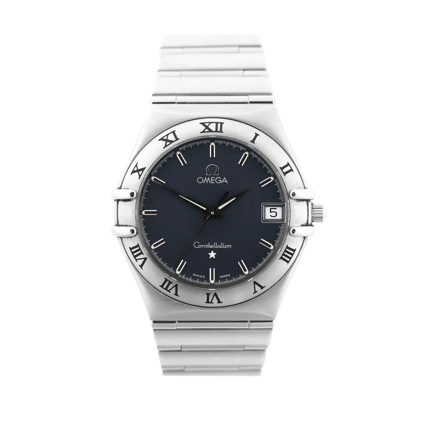 Omega Constellation 1512.40 watch featuring a gray dial with silver hour markers, Roman numeral bezel, date window at 3 o'clock, and stainless steel bracelet.