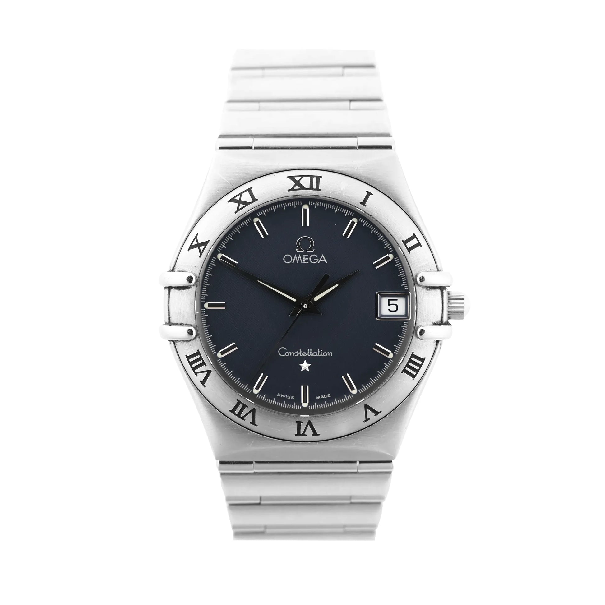 Omega Constellation 1512.40 watch featuring a gray dial with silver hour markers, Roman numeral bezel, date window at 3 o'clock, and stainless steel bracelet.