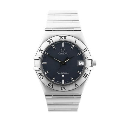 Omega Constellation 1512.40 watch featuring a gray dial with silver hour markers, Roman numeral bezel, date window at 3 o'clock, and stainless steel bracelet.
