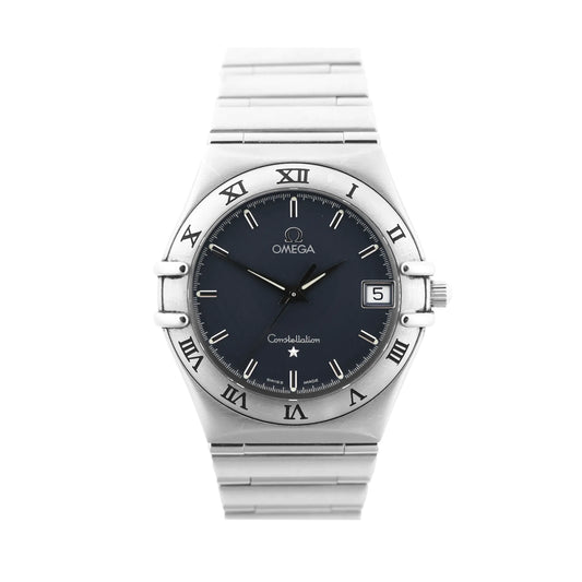 Omega Constellation 1512.40 watch featuring a gray dial with silver hour markers, Roman numeral bezel, date window at 3 o'clock, and stainless steel bracelet.