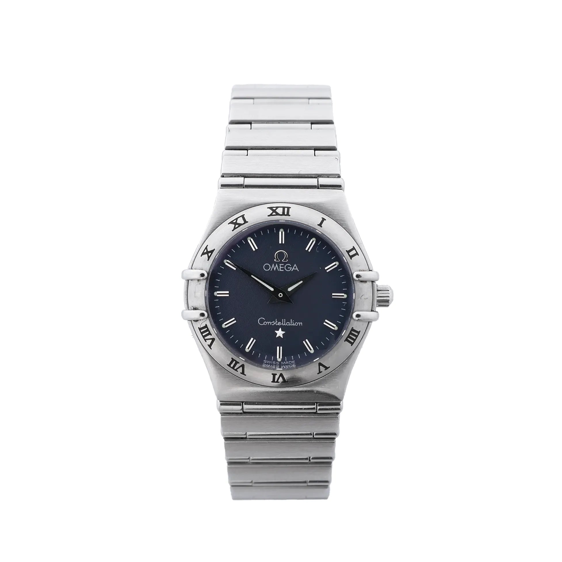Omega Constellation stainless steel watch with navy blue dial, Roman numeral bezel, baton hour markers, black hands and integrated bracelet on white background.