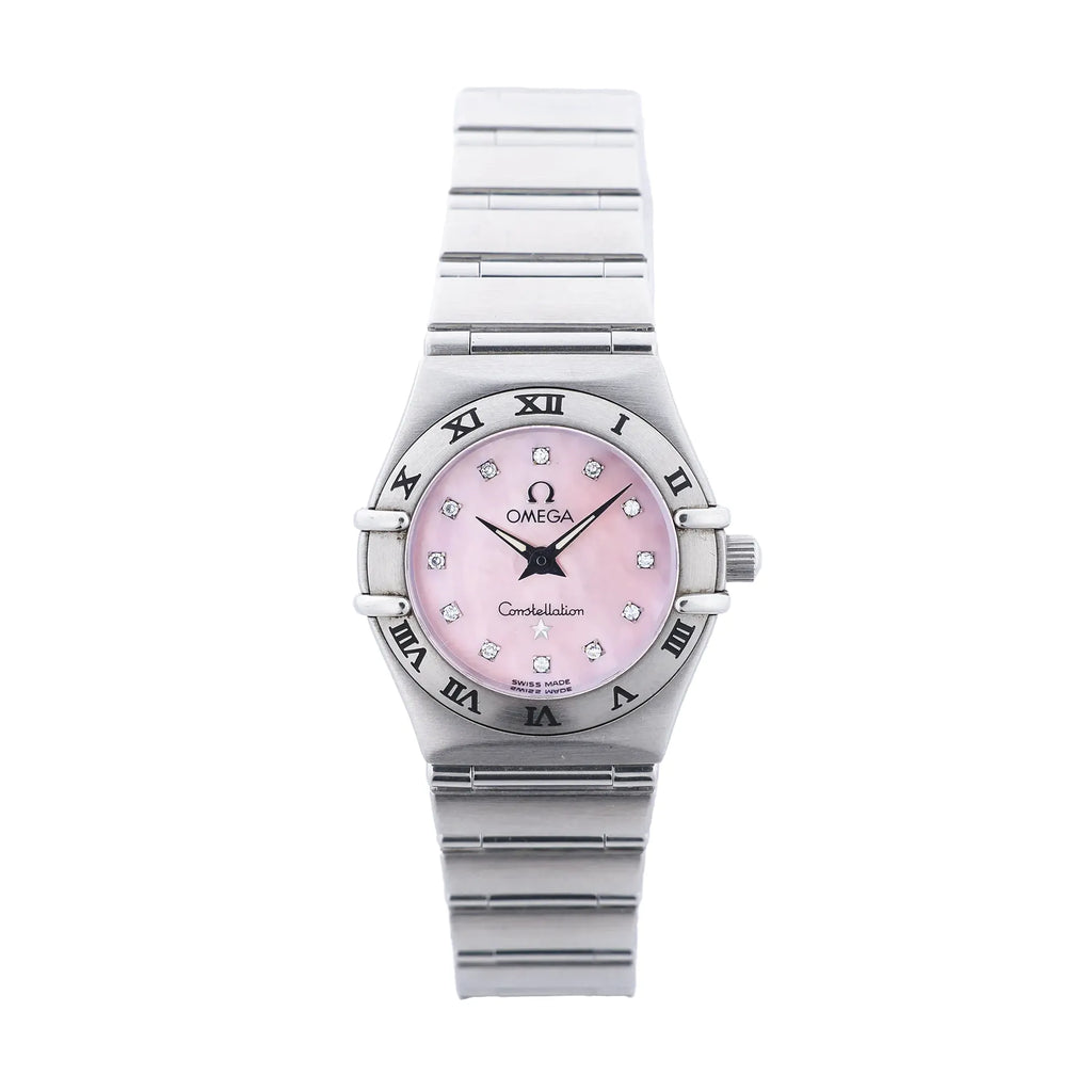 Omega Constellation stainless steel watch with pink mother-of-pearl dial, diamond hour markers, Roman numeral bezel, and bracelet strap on white background.