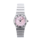 Omega Constellation stainless steel watch with pink mother-of-pearl dial, diamond hour markers, Roman numeral bezel, and bracelet strap on white background.