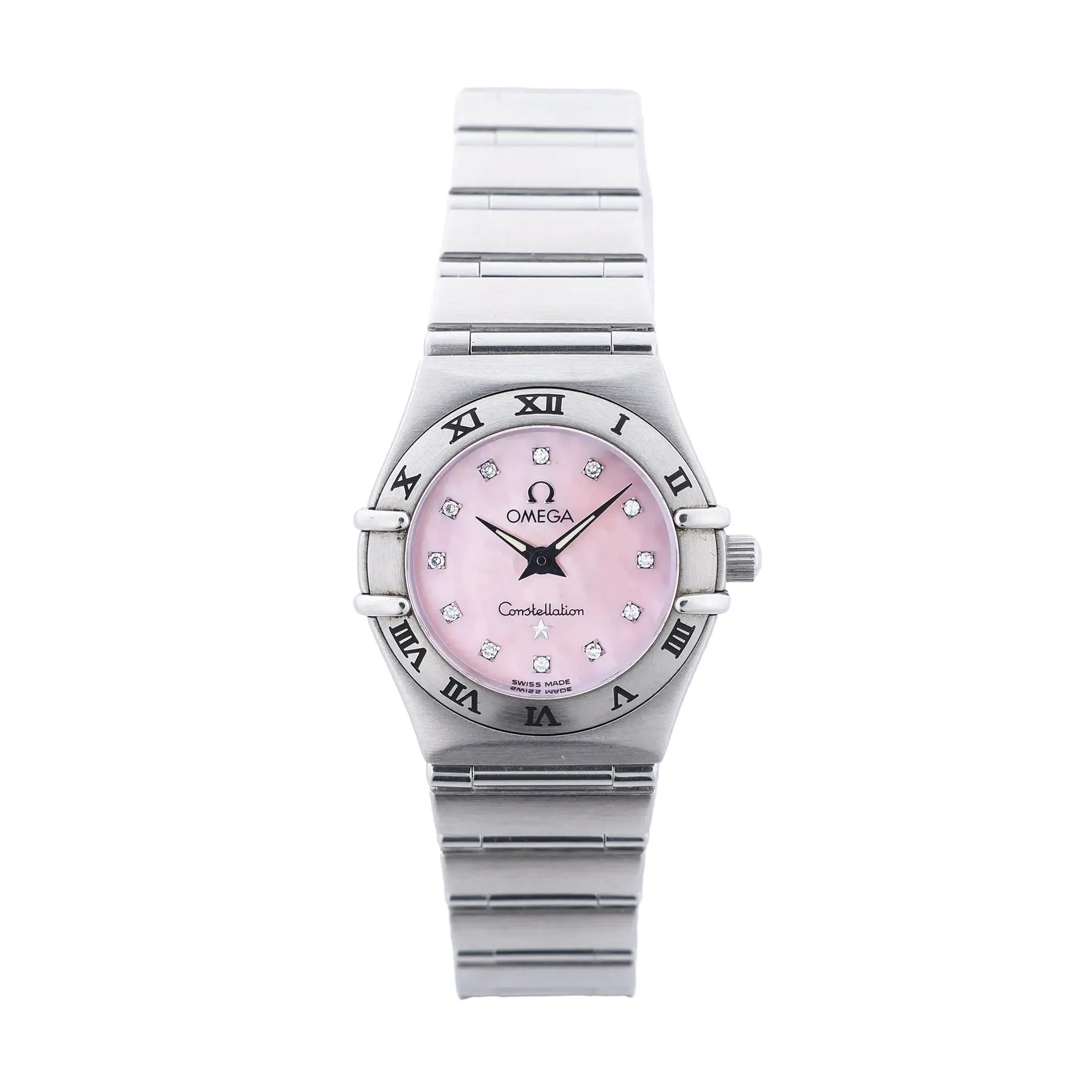 Omega Constellation stainless steel watch with pink mother-of-pearl dial, diamond hour markers, Roman numeral bezel, and bracelet strap on white background.