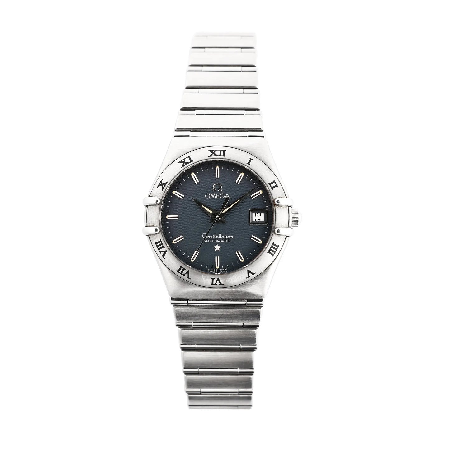 Omega Constellation 1592.40.00 automatic watch featuring a stainless steel case and bracelet, blue dial with silver hour markers, date display at 3 o'clock, and Roman numeral bezel.