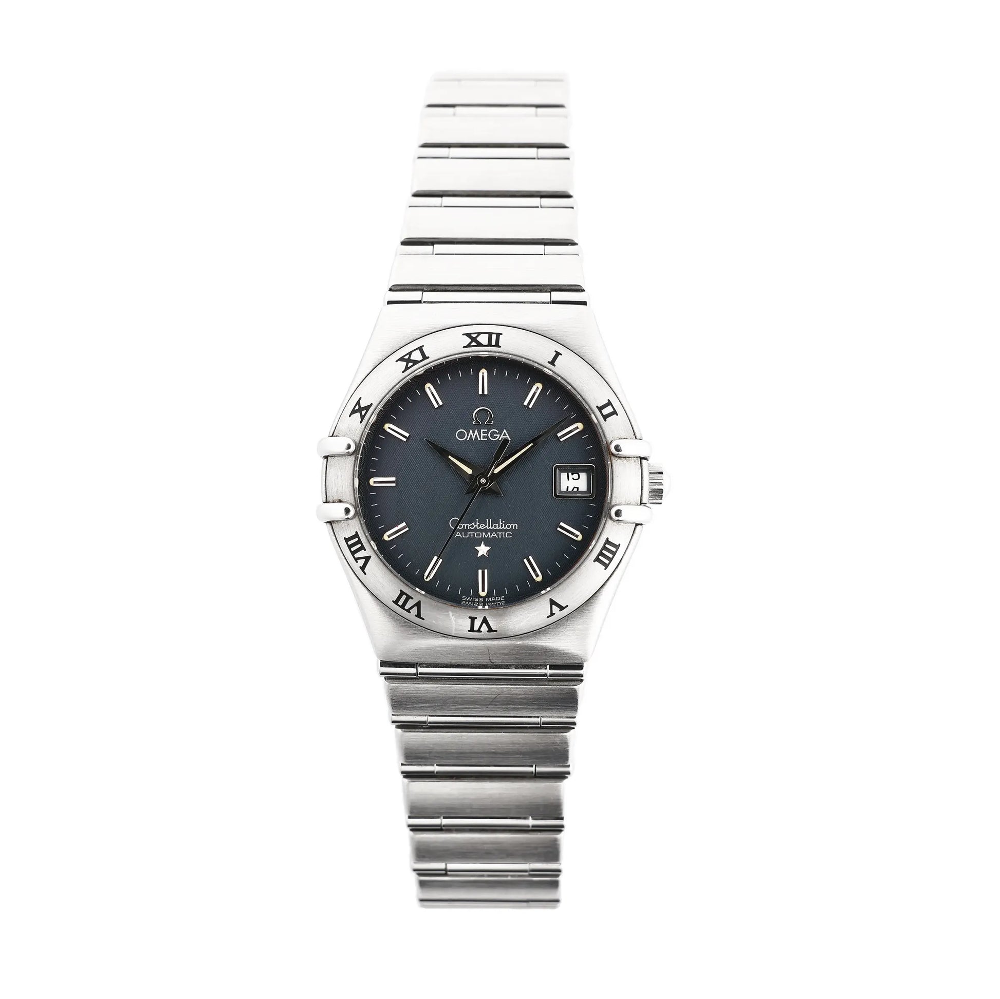 Omega Constellation 1592.40.00 automatic watch featuring a stainless steel case and bracelet, blue dial with silver hour markers, date display at 3 o'clock, and Roman numeral bezel.