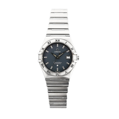 Omega Constellation 1592.40.00 automatic watch featuring a stainless steel case and bracelet, blue dial with silver hour markers, date display at 3 o'clock, and Roman numeral bezel.