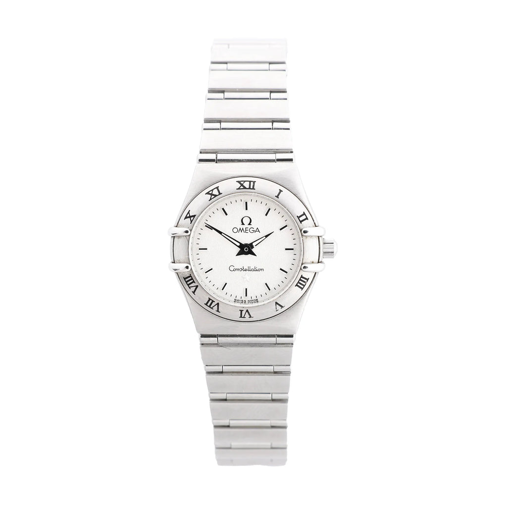 Omega Constellation stainless steel watch with white dial, black hands, Roman numeral bezel and integrated steel bracelet.