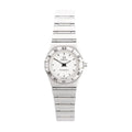 Omega Constellation stainless steel watch with white dial, black hands, Roman numeral bezel and integrated steel bracelet.