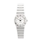 Omega Constellation stainless steel watch with white dial, black hands, Roman numeral bezel and integrated steel bracelet.