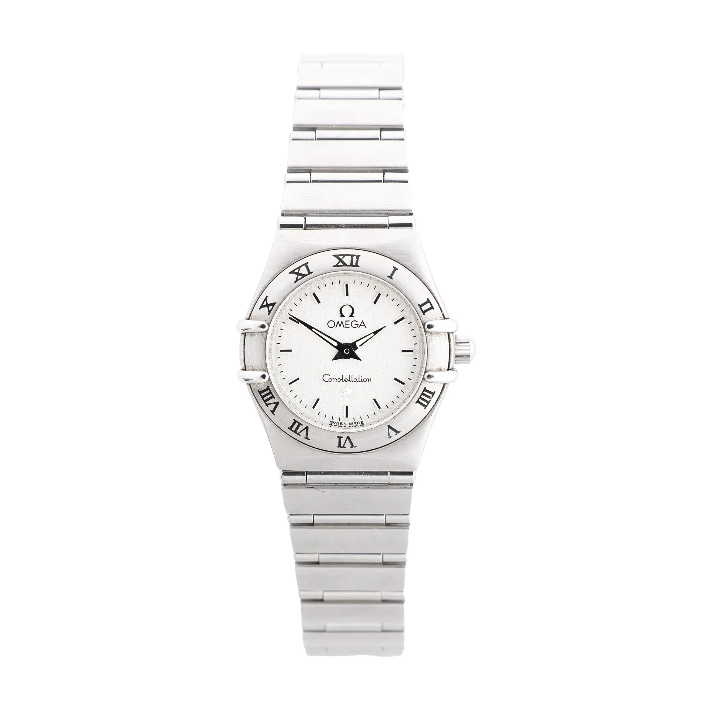 Omega Constellation stainless steel watch with white dial, black hands, Roman numeral bezel and integrated steel bracelet.