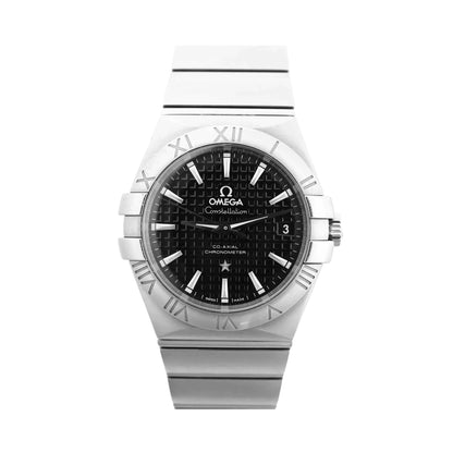 Omega Constellation Co-Axial 123.10.35.20.01.002 watch with black textured dial, date at 3 o’clock, Roman numeral bezel, and stainless steel bracelet, shown on a white background.