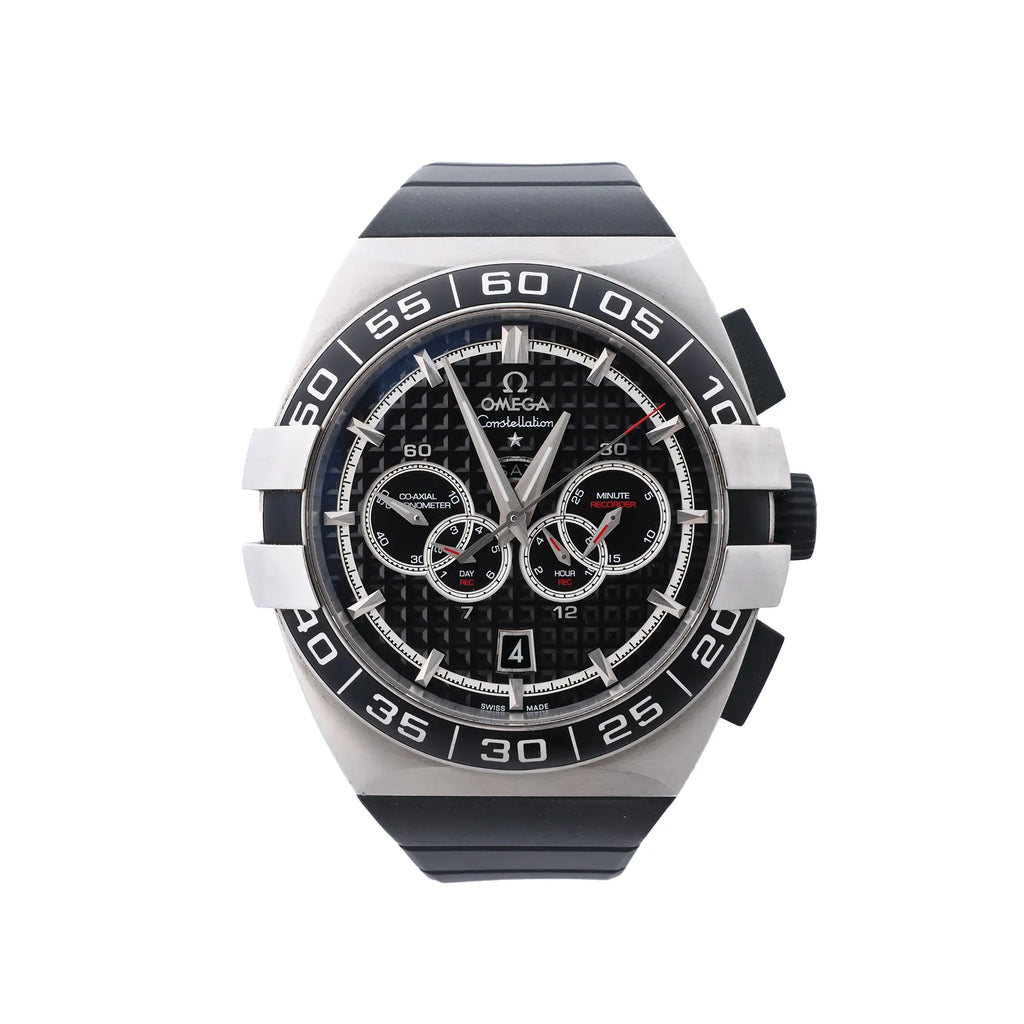 Omega Constellation Double Eagle watch with black textured chronograph dial, stainless steel case, black rubber strap and numbered bezel.