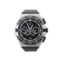 Omega Constellation Double Eagle watch with black textured chronograph dial, stainless steel case, black rubber strap and numbered bezel.