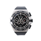 Omega Constellation Double Eagle watch with black textured chronograph dial, stainless steel case, black rubber strap and numbered bezel.