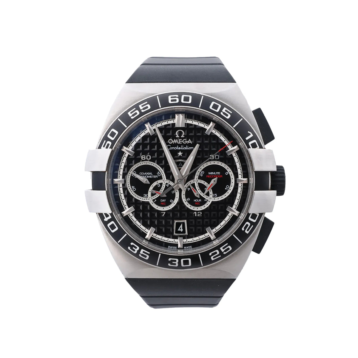 Omega Constellation Double Eagle watch with black textured chronograph dial, stainless steel case, black rubber strap and numbered bezel.
