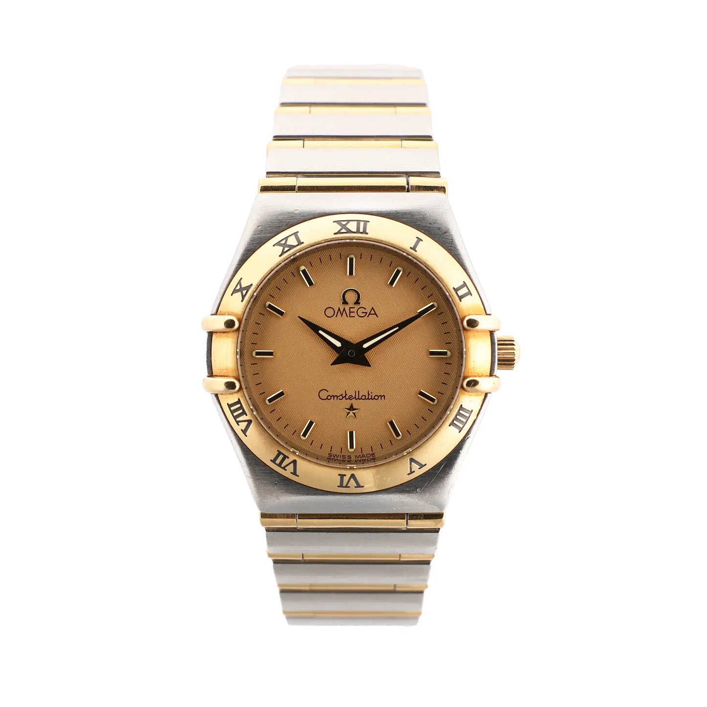Front view of Omega Constellation 1262.10.00 quartz watch with a gold dial, stainless steel and yellow gold case and bracelet, and Roman numeral bezel.