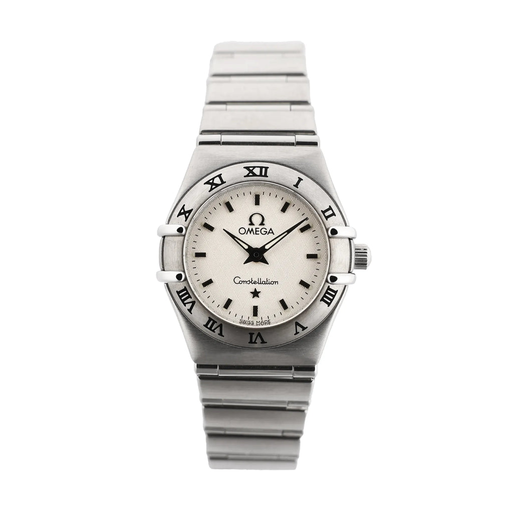 Front view of Omega Constellation 1562.30.00 quartz watch with white textured dial, stainless steel case and bracelet, and Roman numeral bezel.
