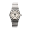 Front view of Omega Constellation 1562.30.00 quartz watch with white textured dial, stainless steel case and bracelet, and Roman numeral bezel.